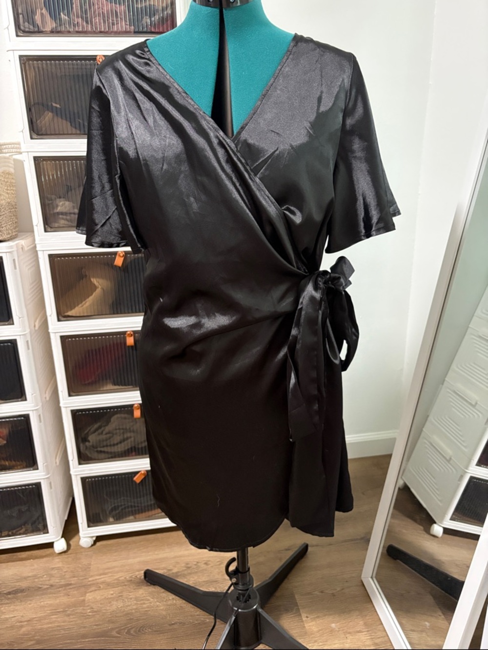 Satin Wrap Dress in Black - Elegant Women's Dress